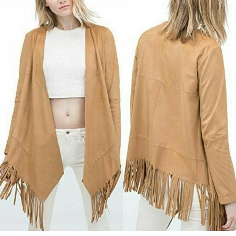 ZARA Camel Tan Faux Suede Fringe Jacket